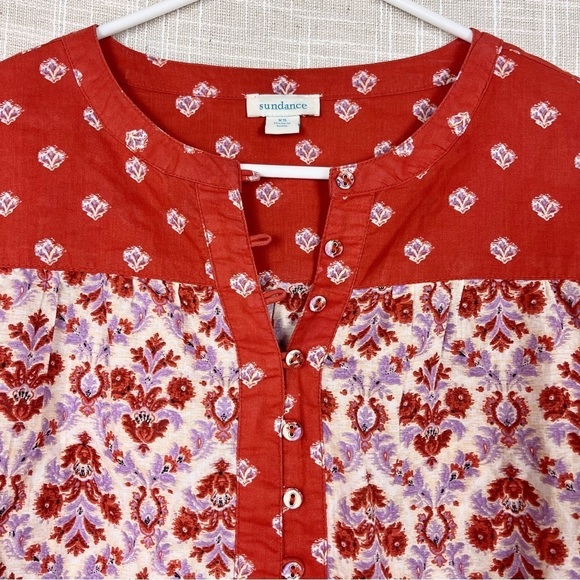 SUNDANCE Explorer Patchwork Orange Lavender Block Print Henley Boho Top - Picture 3 of 5